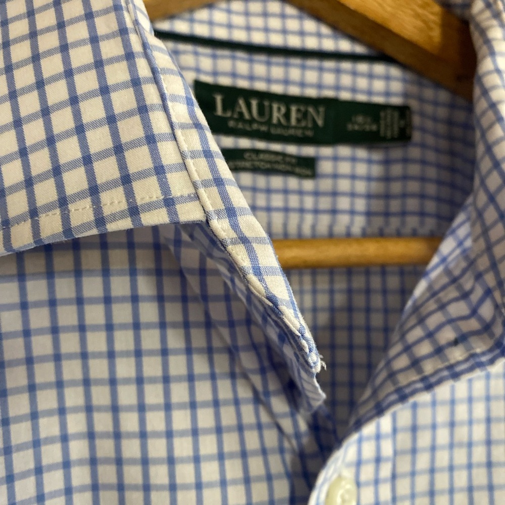 Lauren Ralph Lauren Blue/White Check Classic Fit Long Sleeve Dress Shirt. 34/35
